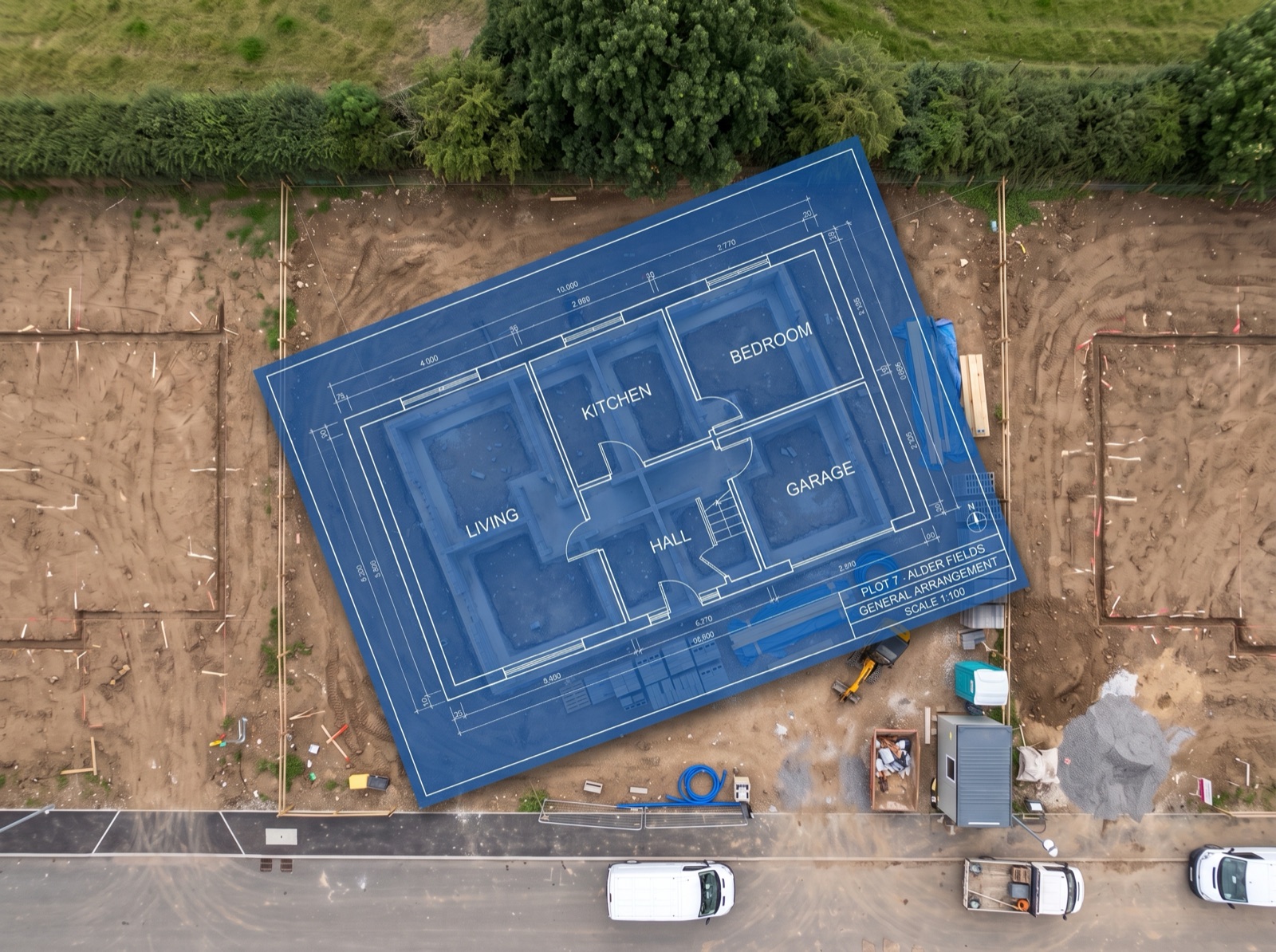 The Plot 7 general-arrangement blueprint aligned onto the real plot — footprint, living, kitchen, hall, garage and bedroom matched to the foundation at the right size and angle