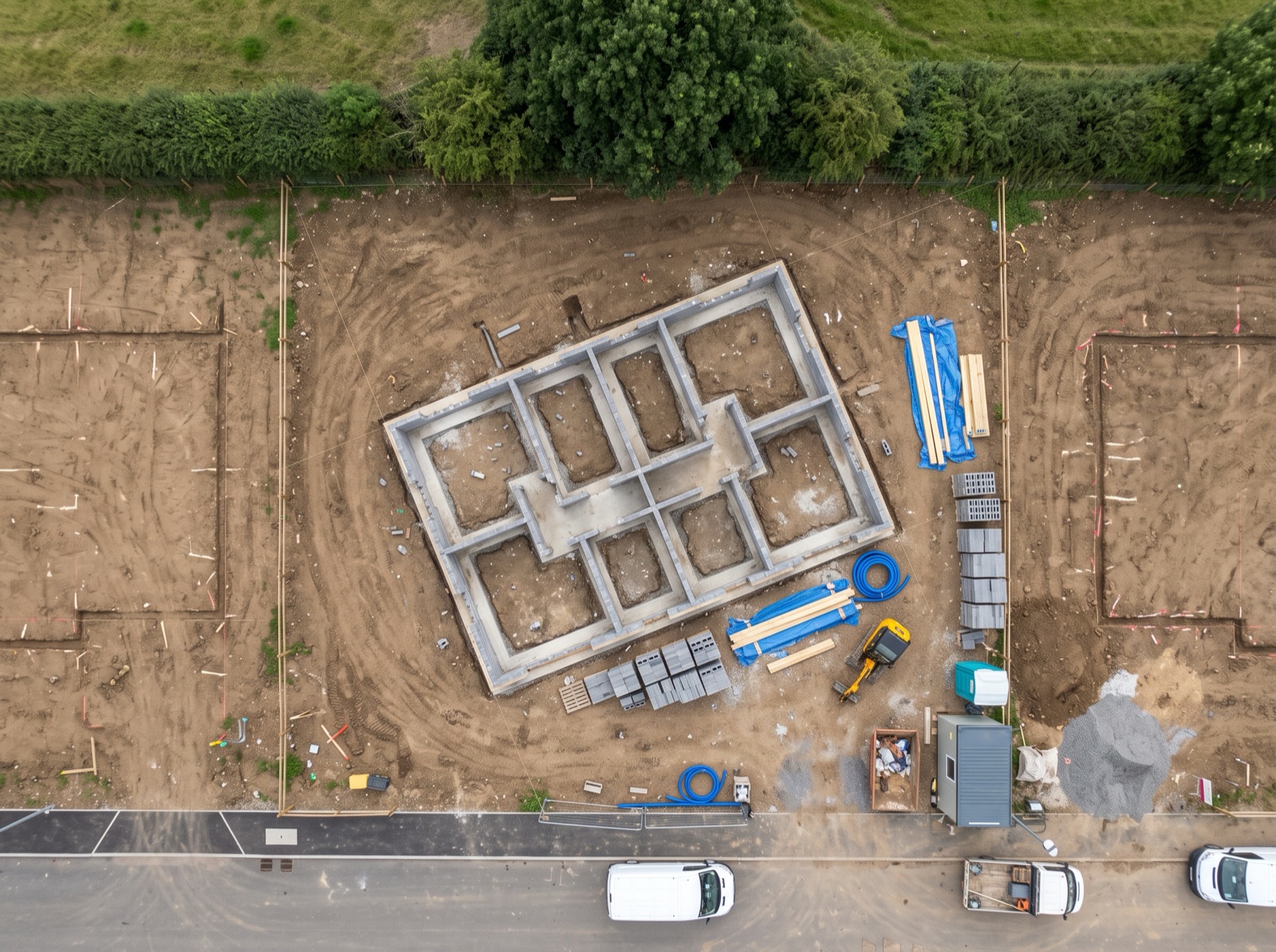 Top-down aerial of a cleared building plot with fresh strip-foundation footings, neighbouring plots and an access road on a development site