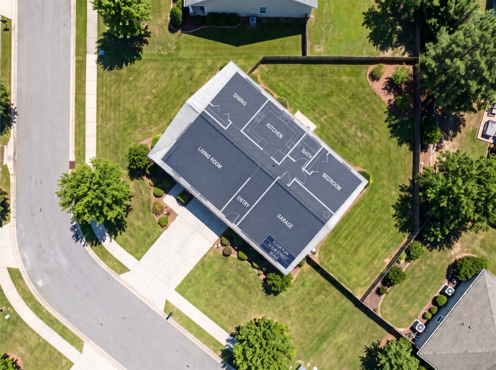 The 14 Elm Street floor plan aligned onto the real house on the satellite view — living room, kitchen, bedrooms, bath and garage matched to the building's footprint at the right size and angle