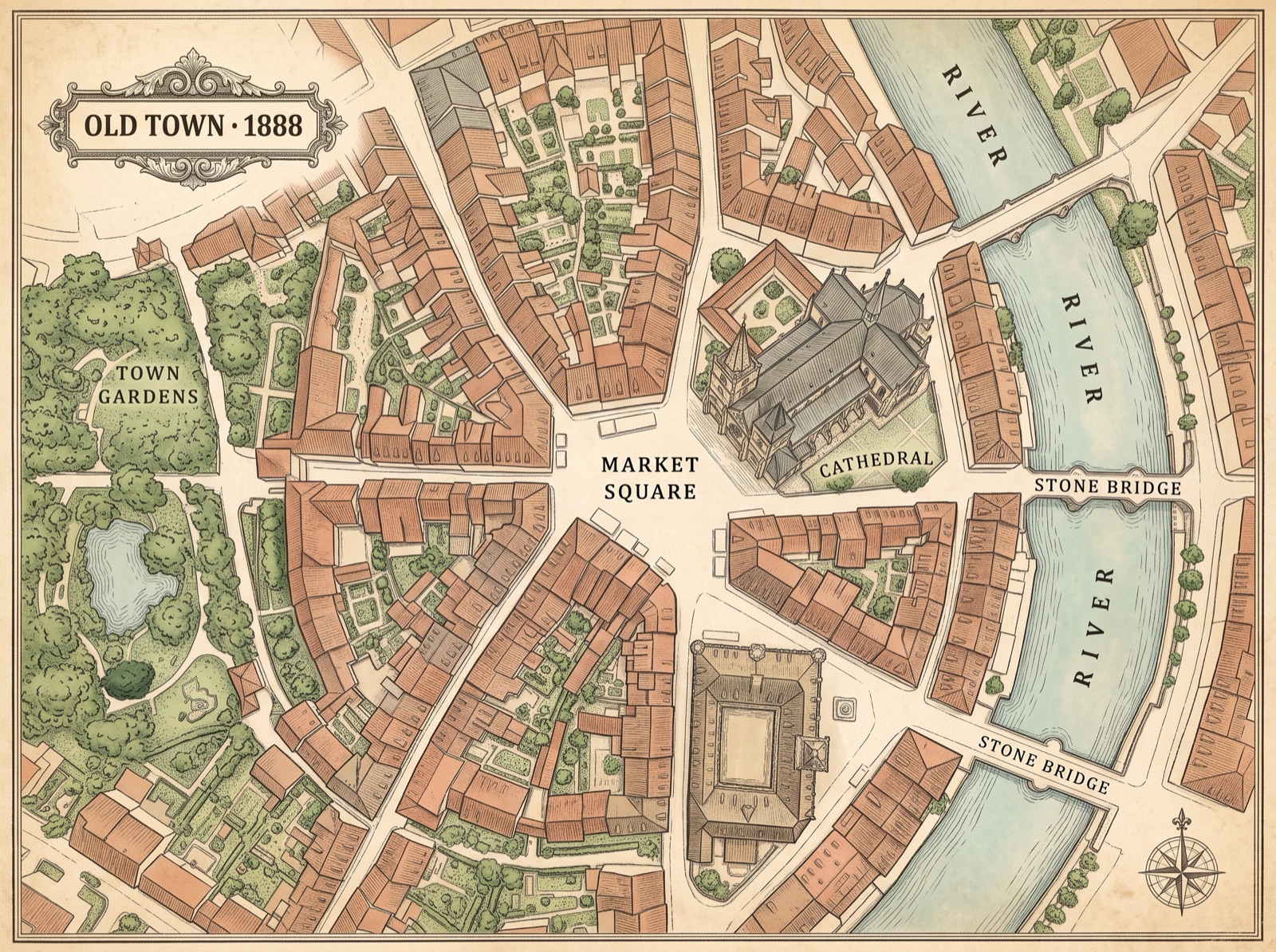 An antique 1888 map of the same town — sepia paper, hand-drawn blocks, the market square, cathedral, river and stone bridge labelled — lined up onto today's streets