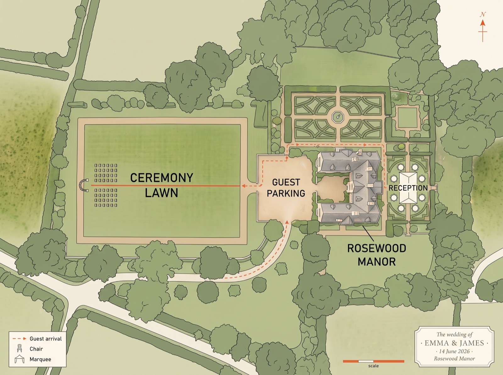 The couple's designed wedding site plan — ceremony lawn, guest parking, Rosewood Manor and the reception marquee — matched onto the real grounds